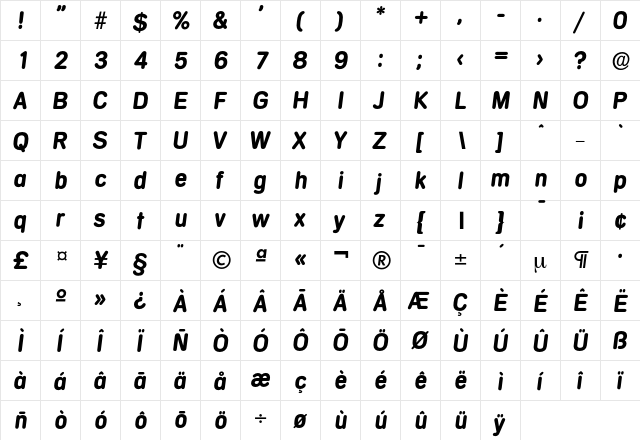 Mercedes-BoldIta Regular  glyph index