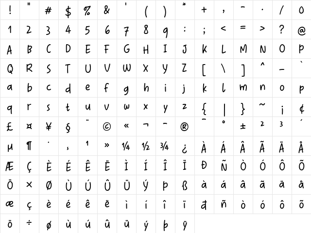 The Simple One Regular  glyph index