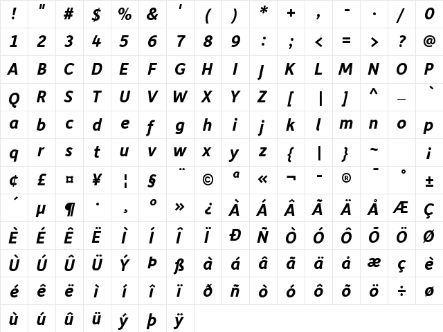 Depot Bold Italic  glyph index