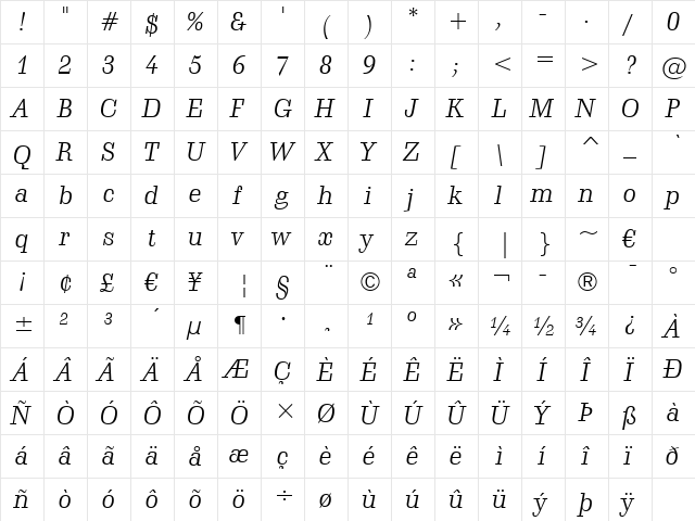 Schadow Lt BT Light Cursive  glyph index