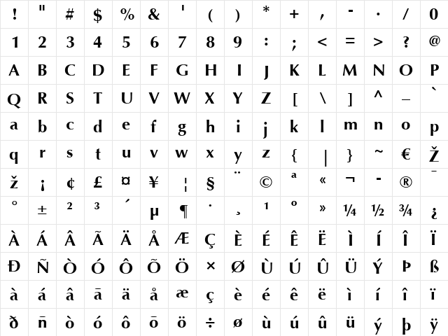 Optima LT Bold  glyph index