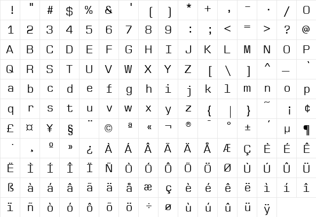 EurostileMonoEF Regular  glyph index