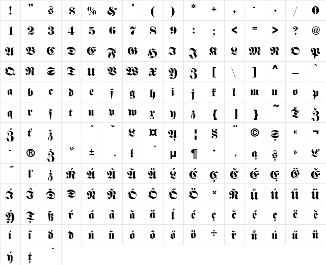 FetteFraDEE Regular  glyph index