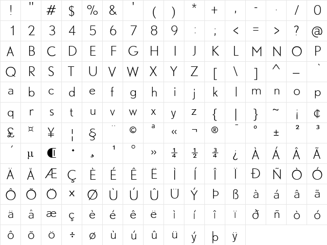 DTLNobelT Light  glyph index