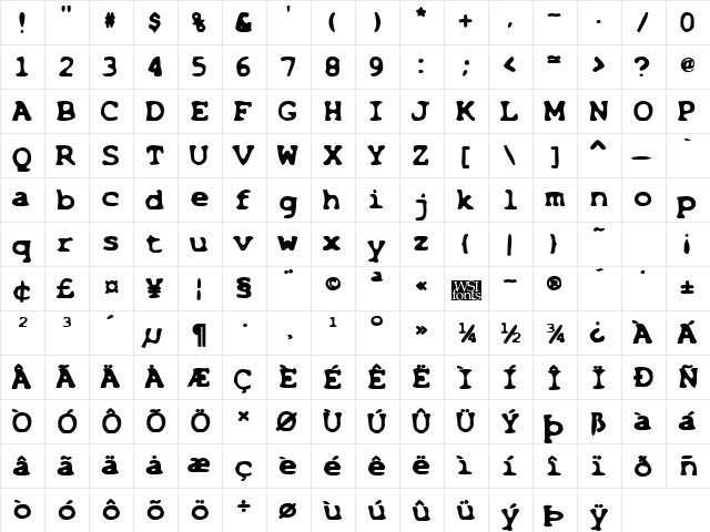 BleachedHeavy Regular  glyph index