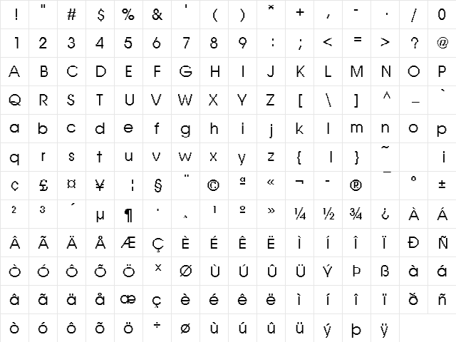 Rough02 Becker Regular  glyph index