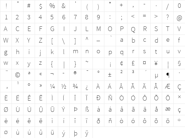 Source Sans Pro ExtraLight Regular  glyph index