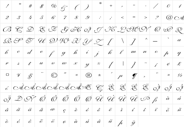 Shelley-VolanteScript Wd Regular  glyph index