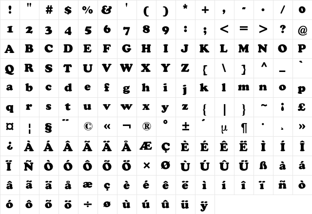 Cooper Black BQ Regular  glyph index