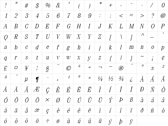 ITCFenice-Light LightItalic  glyph index