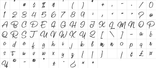 Billy Signature Regular  glyph index