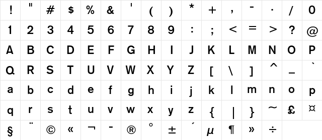 Gothic725BoldC BT Regular  glyph index
