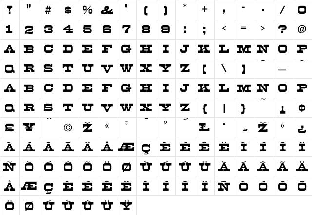 Mona Regular  glyph index