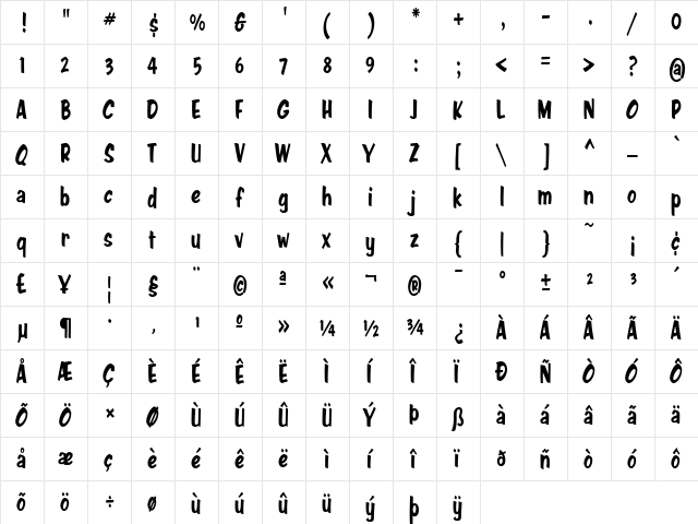 Java Jive Condensed Regular  glyph index