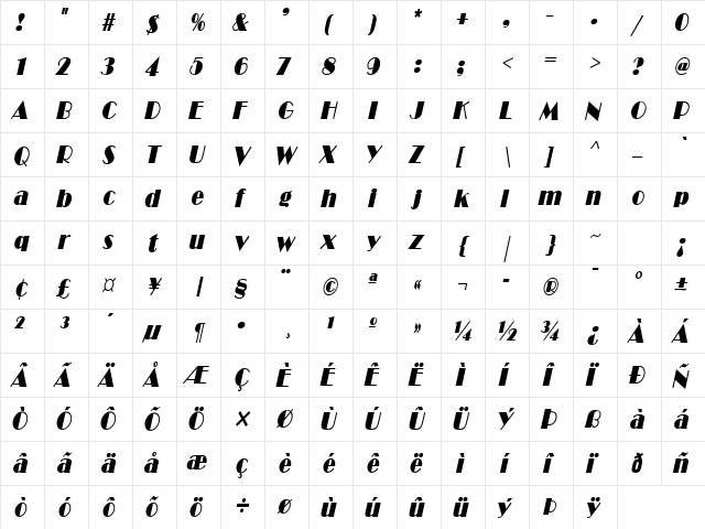 Brando Condensed BoldItalic  glyph index