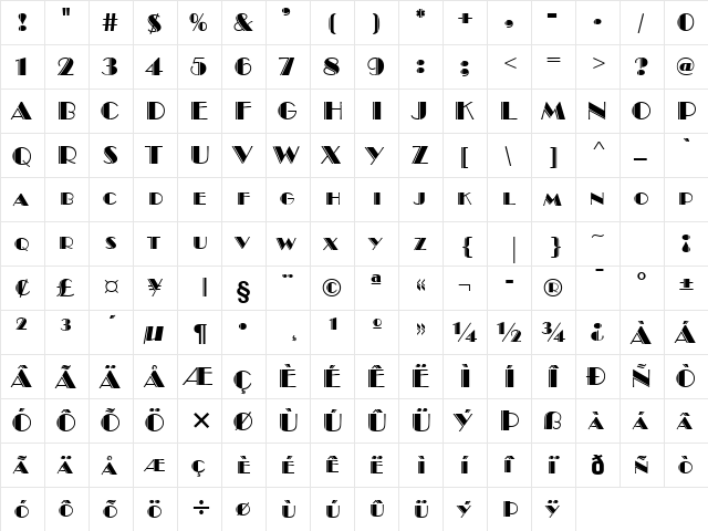 Brando Engraved Bold  glyph index