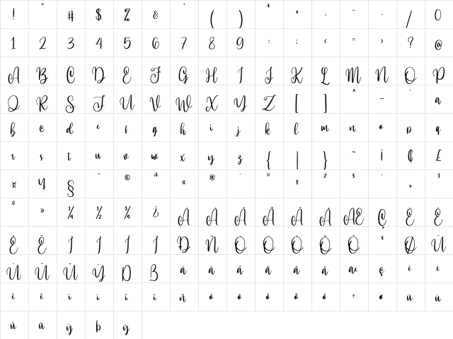 Hi Virginia Regular  glyph index
