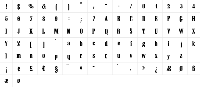 Sheridan Regular  glyph index