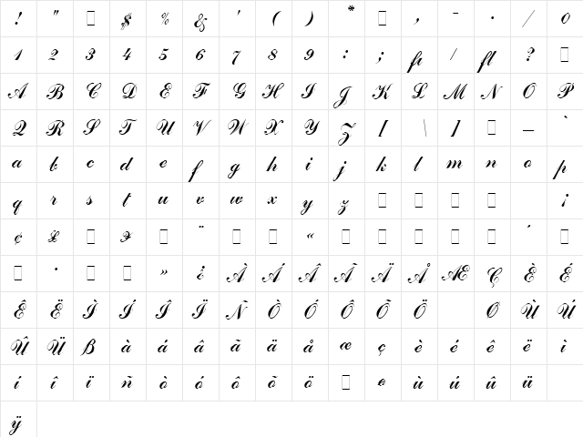 Commercial Script LET Plain  glyph index