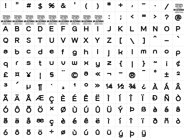 Sonika PERSONAL USE Bold  glyph index