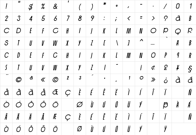 Kansas Oblique  glyph index
