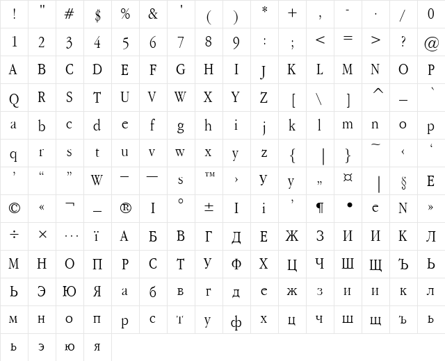 Garamond Narrow Regular  glyph index