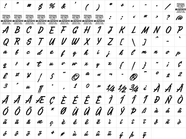 Caster PERSONAL USE ONLY Regular  glyph index