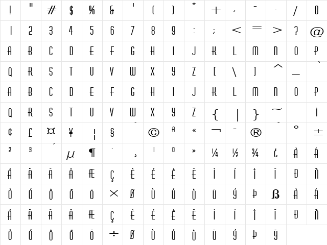 Hustle Wide Bold  glyph index