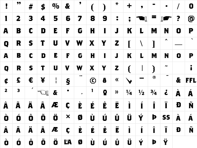 Brothers Bold  glyph index