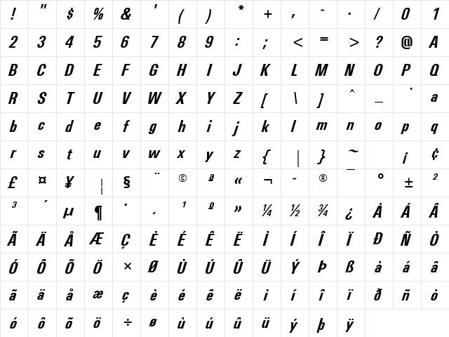 Utah Condensed BoldOblique  glyph index