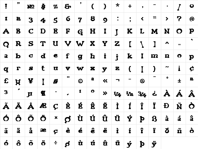 Teebone Regular  glyph index