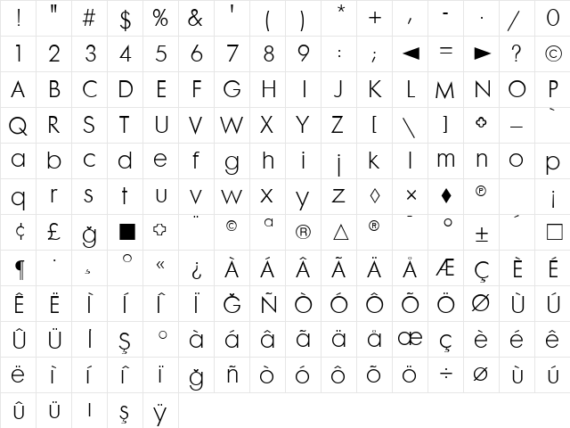 FuturaMaxiLight Regular  glyph index