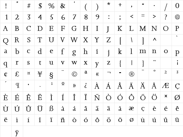 Jessica Regular  glyph index