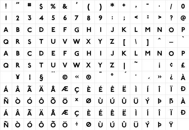 P22 Underground Bold Regular  glyph index