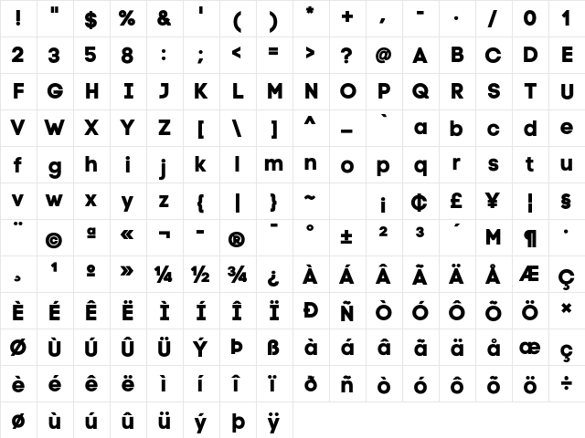 Code Pro Bold LC Regular  glyph index