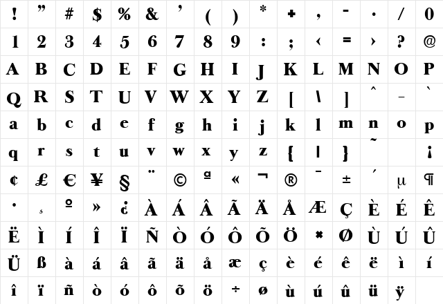 BaskerOldSerial-Heavy Regular  glyph index