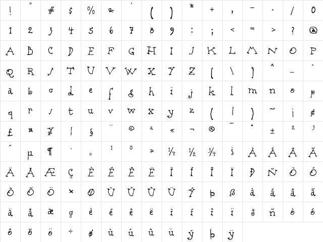 Babine Regular  glyph index