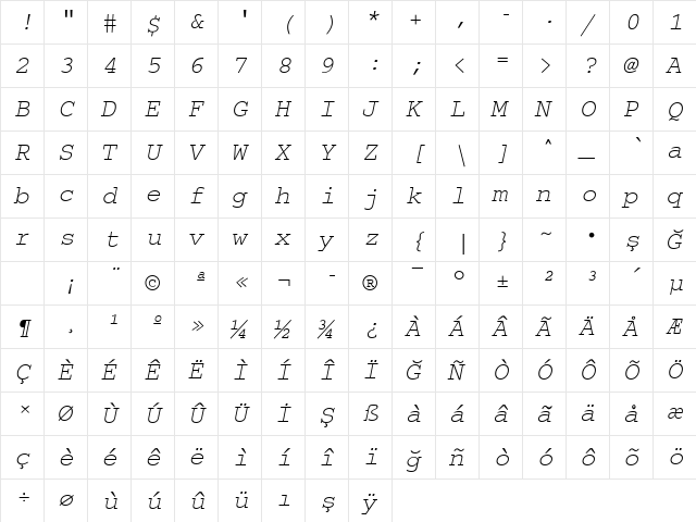 Courier2 Normal-Italic  glyph index