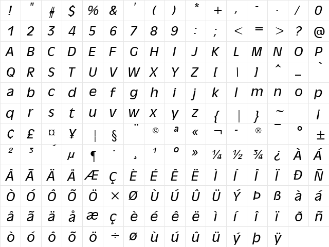 Antique Olive Italic  glyph index