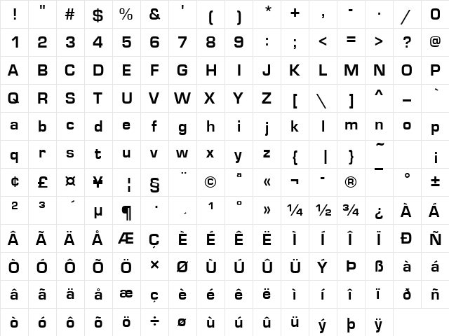 EurostileT Bold  glyph index