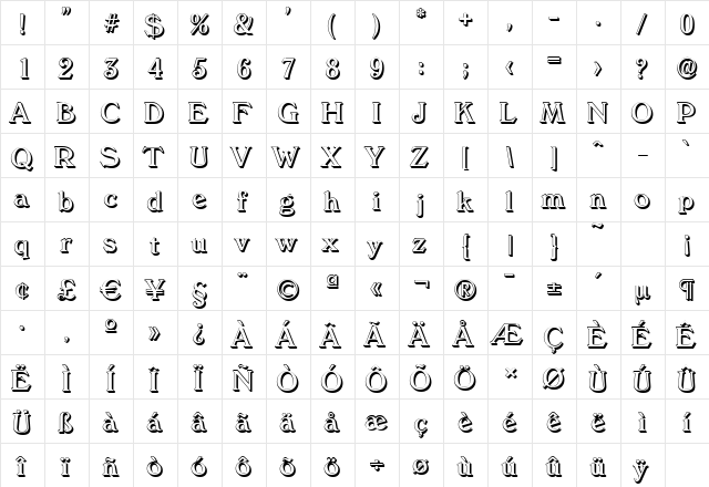 VeronaShadow Regular  glyph index