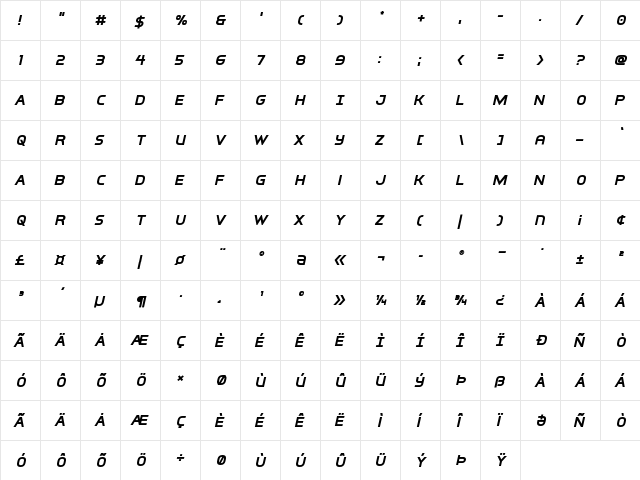 Inter-Bureau Bold Italic Bold Italic  glyph index