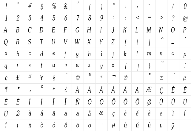 SouvienneCondensed Italic  glyph index