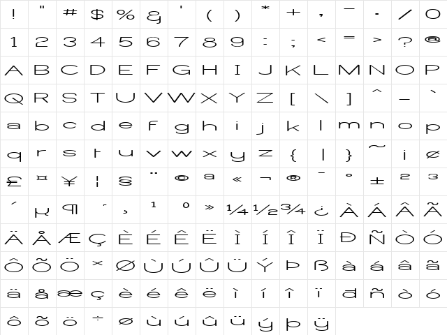 Castorgate Wide Regular  glyph index
