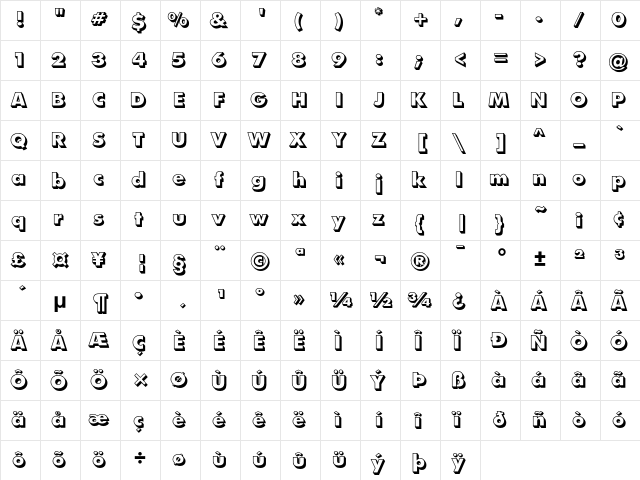 FuturaEF ExtraBoldShadowed  glyph index