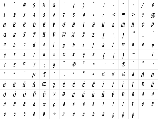 Freedom Thin Italic  glyph index