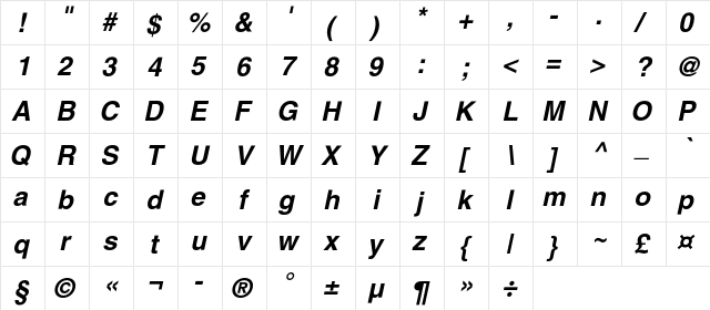 AGLettericaC Bold Italic  glyph index