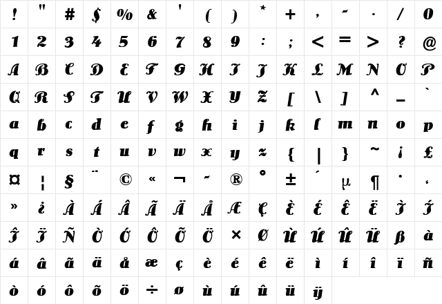 Lo-Type BQ Medium Italic  glyph index