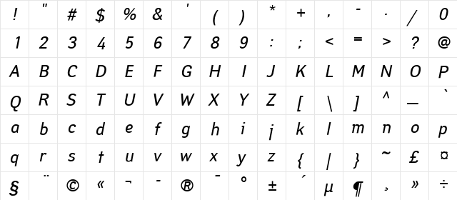 YanusC Italic  glyph index