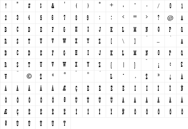 Centennial Regular  glyph index